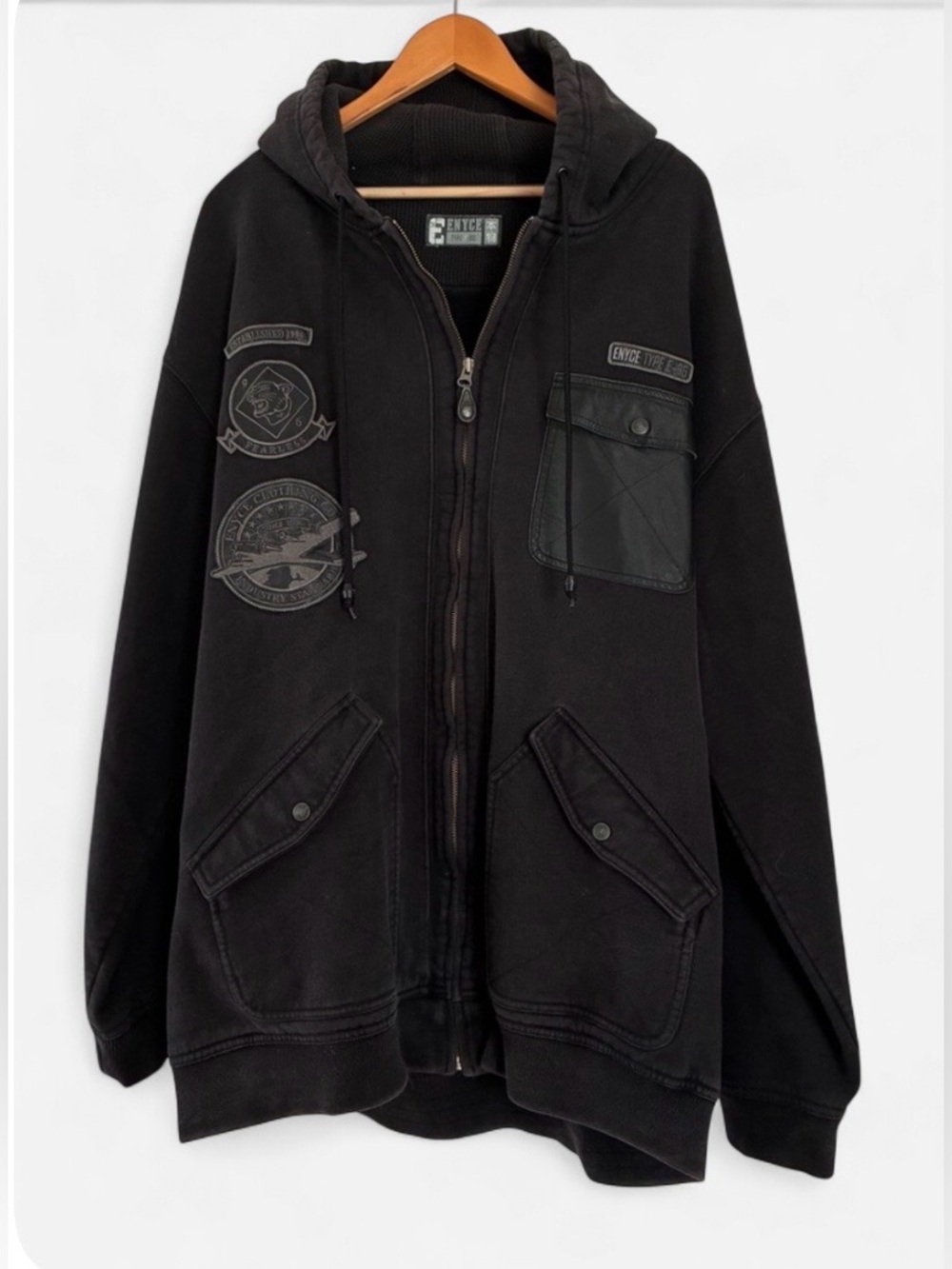 Enyce Vintage Y2K Black Full-Zip Cargo Hoodie Leather Multi-Pocket Heavyweight